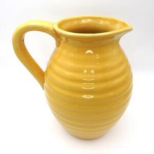Vintage Yellow Pottery Pitcher Small Ribbed Ceramic Jug Vase Farmhouse Kitchen